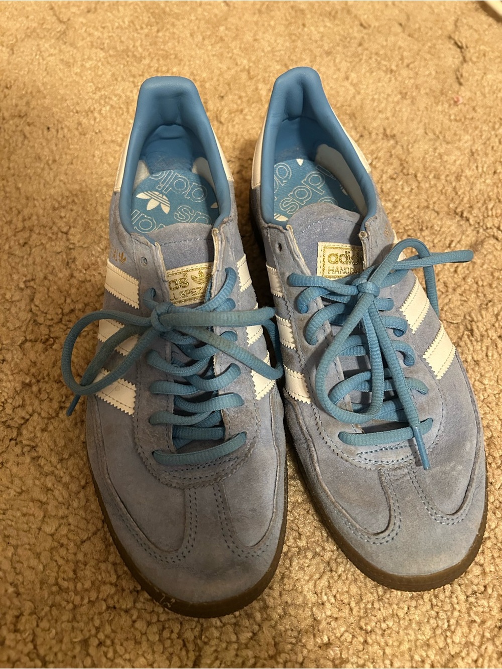adidas spezial light blue suede sneakers with white stripes